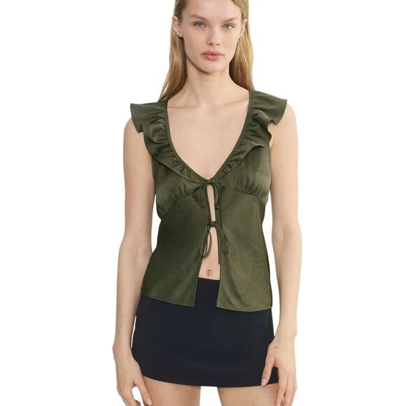 Aritzia Wilfred Tonka Satin Sleeveless Ruffle V Neck Front Tie Blouse Size 2XS - Picture 1 of 9